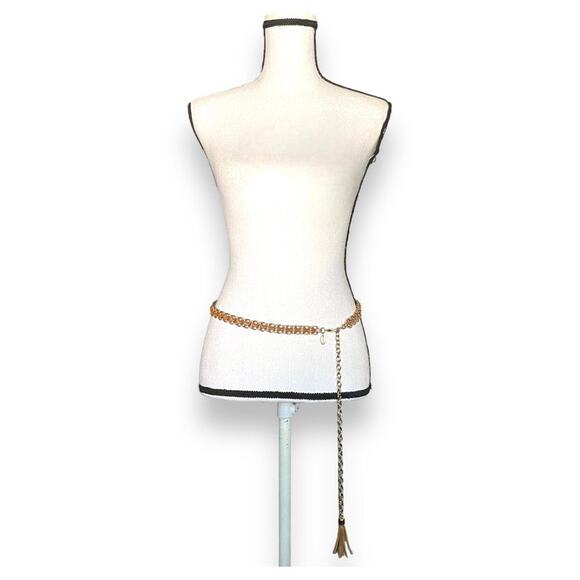 Cara NY Chain Hip Sling Belt Sz OS Gold Tan Faux Leather Tassel Boho Hippie - Picture 1 of 10